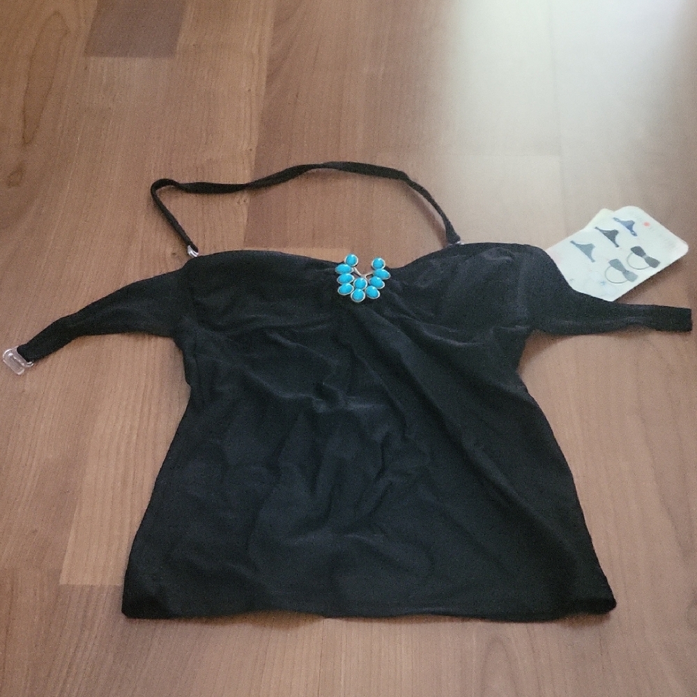 Hula Honey Black Tankini Top with Turquoise Accent. Removeable Neck Strap